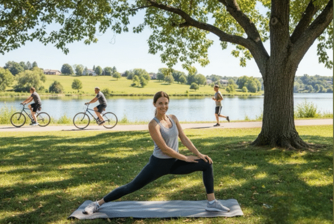 Woman stretching after outdoor activity needing a sports massage in Coeur d'Alene.