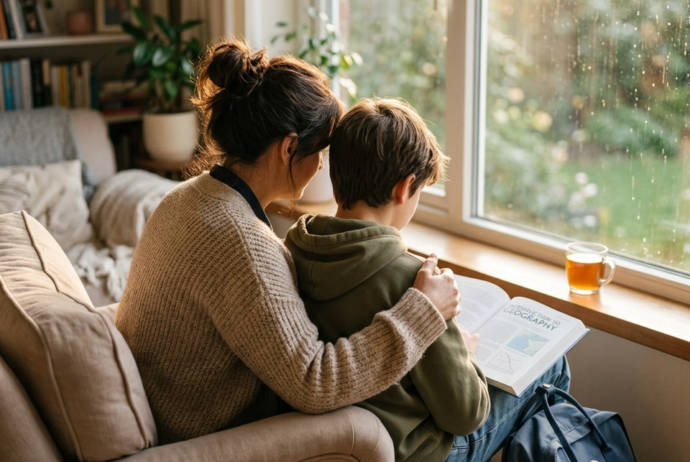 Mother and student sitting together peacefully from behind, representing calm support during back-to-school season and stress relief through wellness