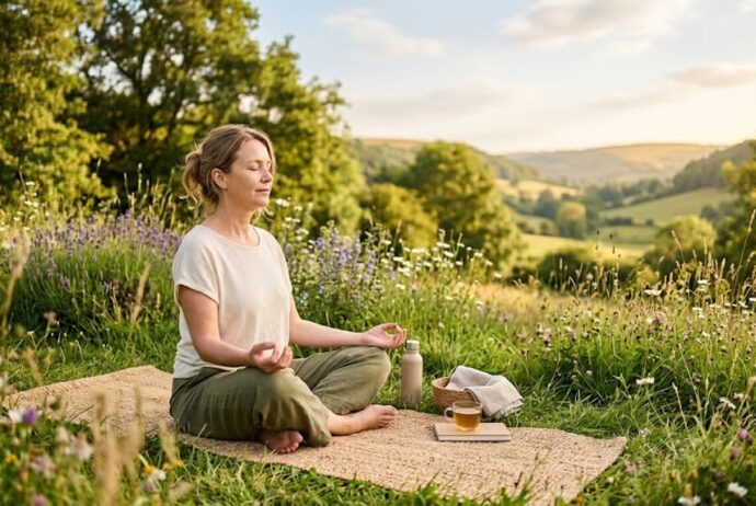 Woman practicing mindful meditation outdoors in a field of wildflowers to reconnect with her body and promote overall wellness