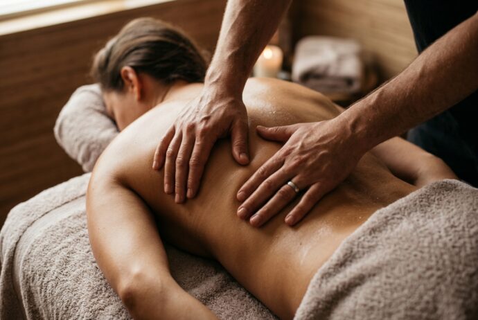 Hands applying gentle pressure to the upper back to support pain relief and recovery.