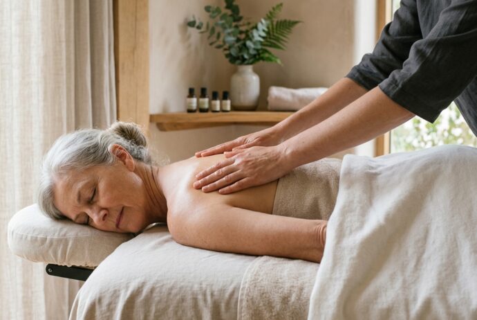 Massage therapist’s hands on an older adult’s back to support mobility and balance. Hands applying gentle pressure to the upper back to support massage therapy pain relief and recovery.